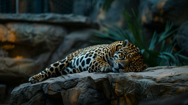 Majestic jaguar resting peacefully on rocky terrain, serene wildlife portrait - Powered by Adobe