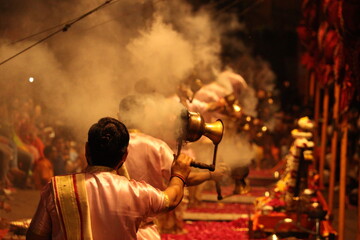 Varanasi India 30 Jan 2022 Ganga aarti ceremony rituals performed by Hindu priests at Dashashwamedh...
