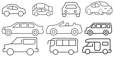 Car line icon set. Logo auto machine and black outline collection traffic sign. Vector illustration automobile design or shape transportation. Drawing pictogram