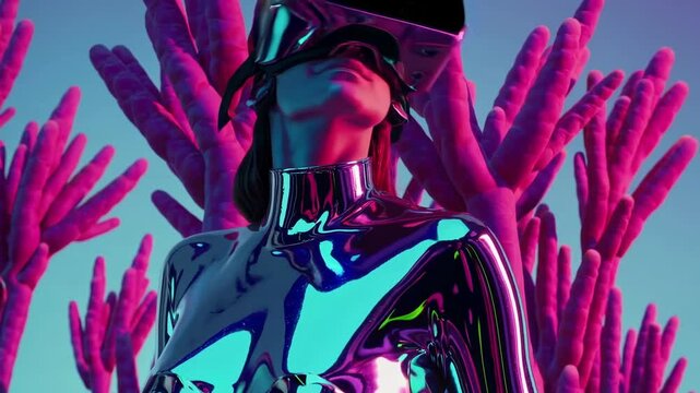 Futuristic woman wearing VR headset and chrome suit standing among surreal pink plants, cyberpunk neon lights and vivid colors, virtual reality experience, technology innovation concept - Powered by Adobe