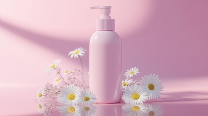 Elegant conditioner bottle mockup with pastel colors and floral accents, placed on a reflective surface with soft lighting