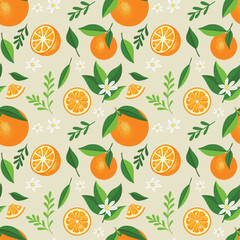 Seamless background pattern of fresh oranges with flowers and leaves