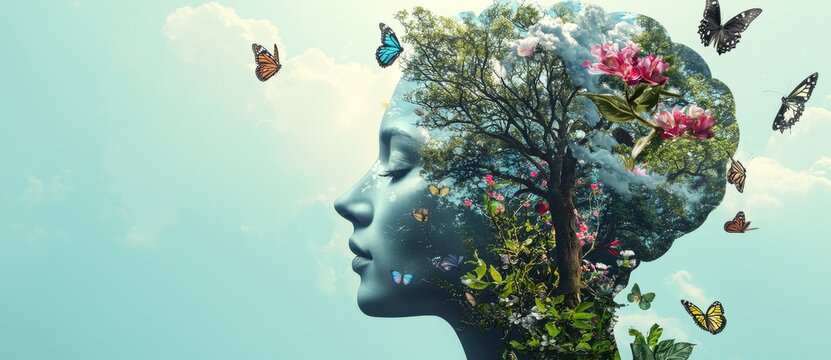 A human brain surrounded by landscapes and butterflies represents the link between nature, self-care, mental health, and the power of positive thinking, creative minds, and advanced generative AI
