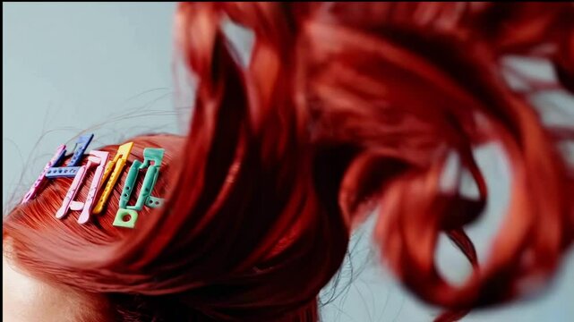 Colorful hair clips on vibrant red hair, close-up view for beauty salons, hairstyling tutorials, fashion magazines, hair accessory advertising, creative hair design concepts