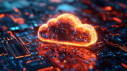 A glowing cloud symbol over a futuristic circuit board, representing cloud computing and digital technology.