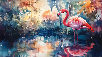 A solitary pink flamingo stands in a serene watercolor wetland scene