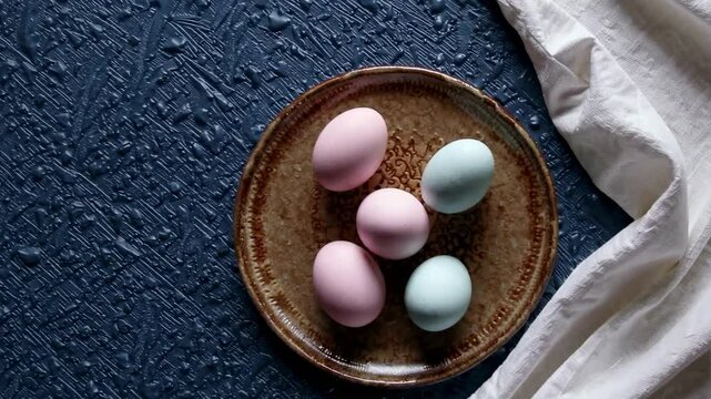 Pastel pink and blue Easter eggs on rustic ceramic plate on textured dark blue background, perfect for Easter brunch menus, spring holiday promotions, festive food styling