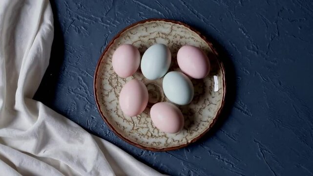 Pastel pink and blue Easter eggs on vintage ceramic plate on textured dark blue background, ideal for Easter celebration designs, spring brunch invitations, festive holiday content
