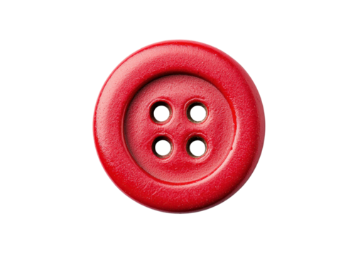 Red sewing button with four holes on transparent background. Close up of a haberdashery item.