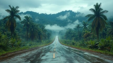 Rainy road through misty tropical jungle