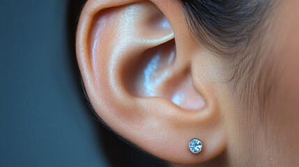 A close-up of a human ear showcasing a small, sparkling stud earring, emphasizing the intricate details of the ear's anatomy.