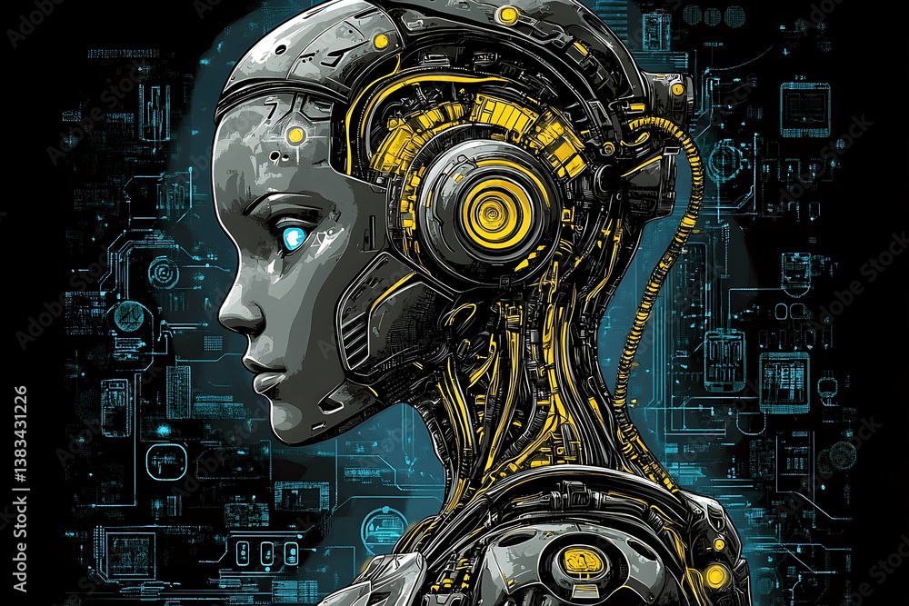 Poster a futuristic portrait of an android with mechanical components visible