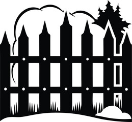 Snow-Covered Fence Silhouette Vector for Winter Landscapes and Rustic Designs