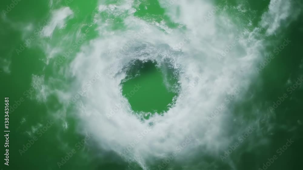 Poster white smoke swirling, forming perfect circular pattern against green screen backdrop, creating seaml
