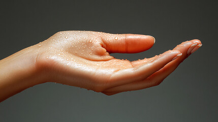 A close-up of a hand with droplets of water, showcasing smooth skin and delicate fingers against a dark background.