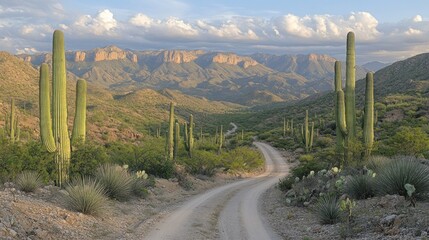 Desert dirt road winds through saguaro cactus landscape, mountains in background