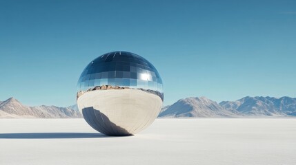 Celebration of reflection with a disco ball in a crystal circle captured in a desert landscape