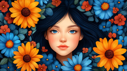 Naklejka premium A beautiful girl with dark hair surrounded by colorful flowers, featuring vibrant orange and blue petals, creating a serene and enchanting atmosphere.