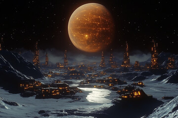 Futuristic Lunar Colony Illuminated Under a Massive Orange Planet in Deep Space
