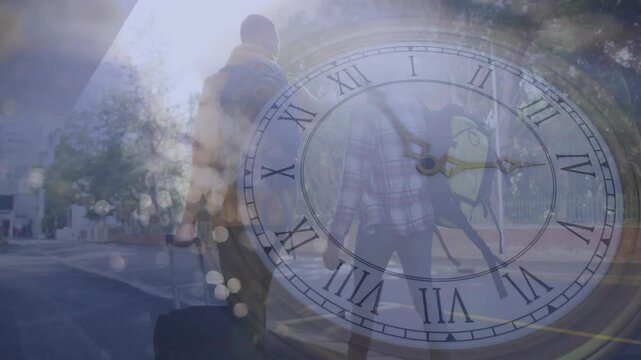 Animation of clock with Roman numerals overlaying silhouette of person with suitcase