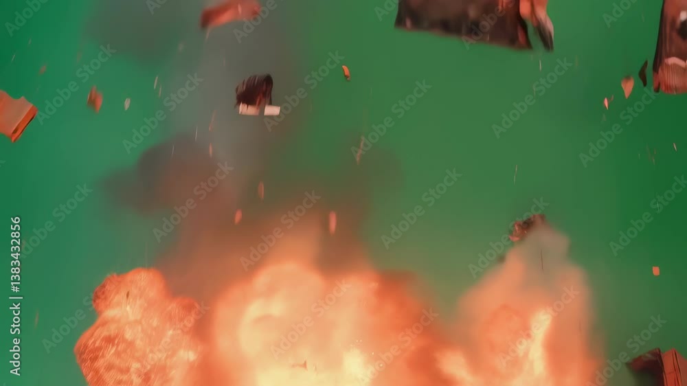 Poster realistic explosion of a car on a green screen background, creating a dramatic and dynamic visual ef