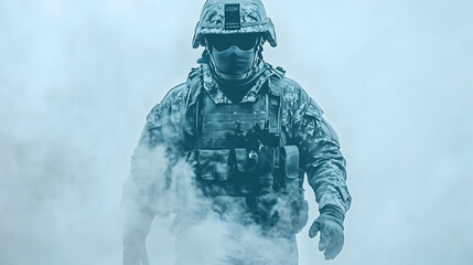 A heavily armored soldier emerging from a misty environment
