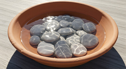Zen Still Life Featuring Water Filled Clay Bowl with Pebbles and Reflections
