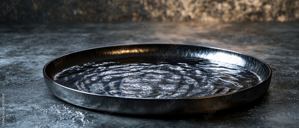 Poster abstract metallic plate filled with rippling water on a textured surface, creating a moody and refle