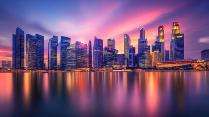 Obraz premium Vibrant cityscape skyline at sunset, reflected in calm water