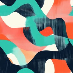 Abstract Seamless Pattern with Organic Shapes and Painting Texture in Red, Blue, and Cream