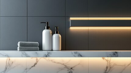 Professional salon shampoo bottle with a pump dispenser, placed on a marble shelf with elegant lighting