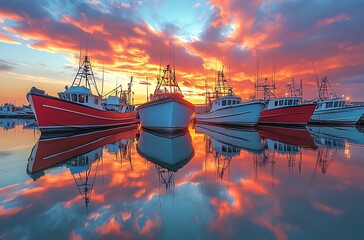Obraz premium Fishing Boats in Harbor at Sunset Reflecting in Water, Colorful Sky