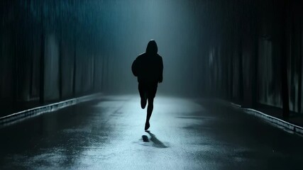 Mysterious night runner in rainy urban alley: intense pursuit and shadowy escape
