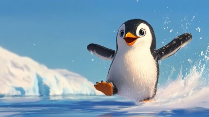 Obraz premium Penguin slipping on ice arctic landscape animated content dramatic pose playful environment