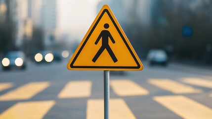Busy urban pedestrian crossing sign displayed amidst city traffic urban environment close-up view