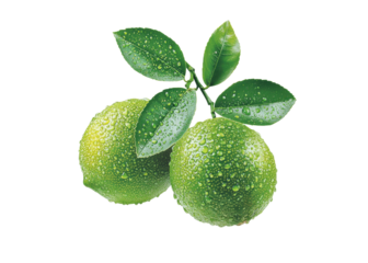 Two fresh limes with water droplets and leaves on a transparent background. Concept of freshness, citrus, and healthy eating.