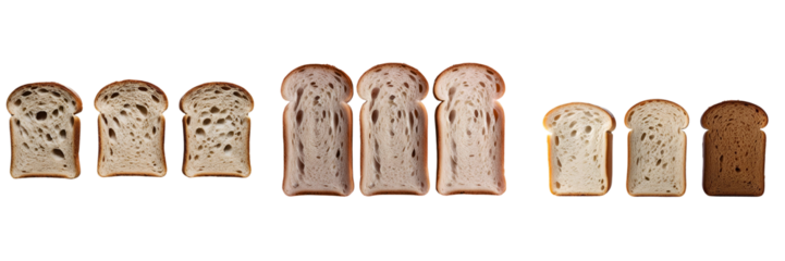  Set of A photo of a Three slices of bread arranged in row with each representing isolated on a transparent background