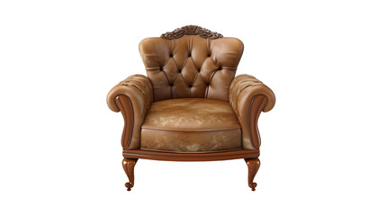 Luxurious Brown Armchair: A meticulously crafted armchair, featuring a rich brown leather upholstery, intricate wooden frame, and button tufting, radiates an aura of elegance, comfort.