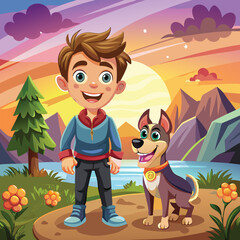 Fototapeta premium Boy and girl with their dog enjoying autumn together