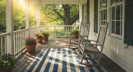 Fototapeta premium Inviting Cottage Porch Scene With Rocking Chairs and Outdoor Rug