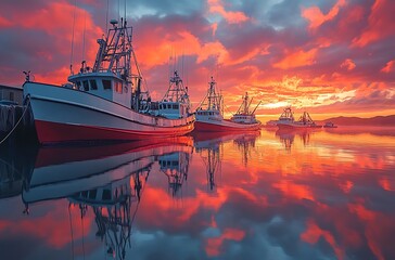 Fishing Boats Reflected in Calm Harbor Waters at Sunset with Vibrant Red Sky
