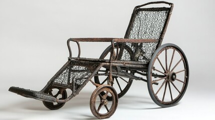 Wheelchair with metal frame and rubber wheels, set against a clean white medical background