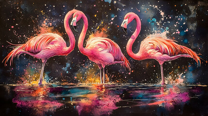 Three pink flamingos standing in colorful water at night