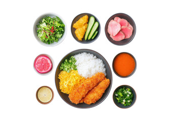 Overhead shot of a Japanese Donburi rice bowl with fried fish, egg, and various sides. Concept of Japanese cuisine and healthy eating.