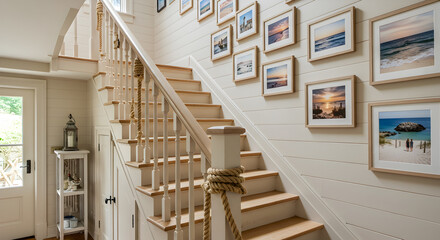 Nautical Inspired Staircase With Beach Photography In a Coastal Home Decor