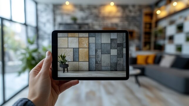 Person Using Tablet with Augmented Reality for Home Interior Design