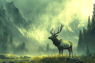 Naklejka premium A majestic elk stands in a misty mountain wilderness scene