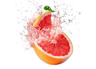 Grapefruit slice with water splash on transparent background. Refreshing and juicy fruit concept.