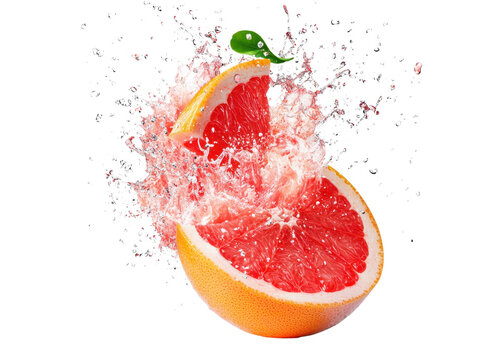 Grapefruit slice with water splash on transparent background. Refreshing and juicy fruit concept.