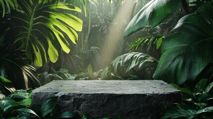 Organic stone display podium in a jungle setting, with dew drops on large tropical leaves, fresh morning atmosphere. generative ai